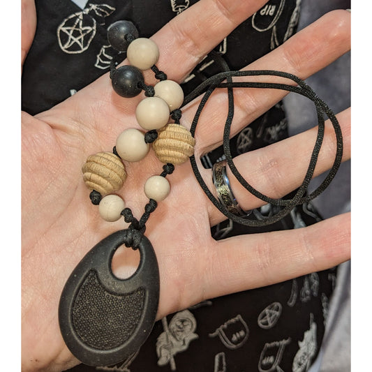 Silicone Fidget Necklace With Black Rope & Wooden-Like Accent Beads