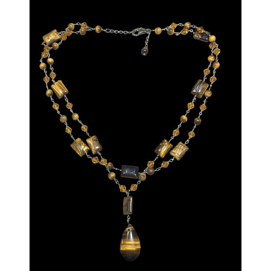 Tiger Eye And Glass Beaded Multilayer Pendant Necklace