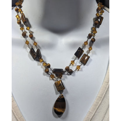 Tiger Eye And Glass Beaded Multilayer Pendant Necklace