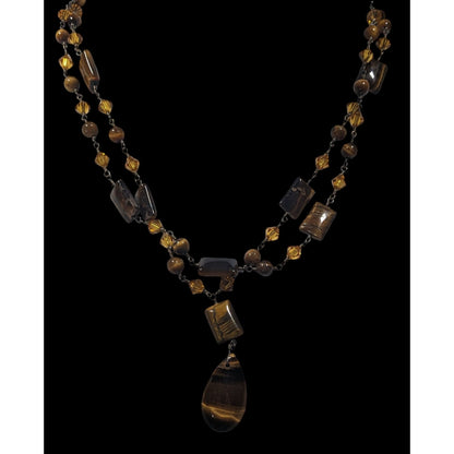 Tiger Eye And Glass Beaded Multilayer Pendant Necklace