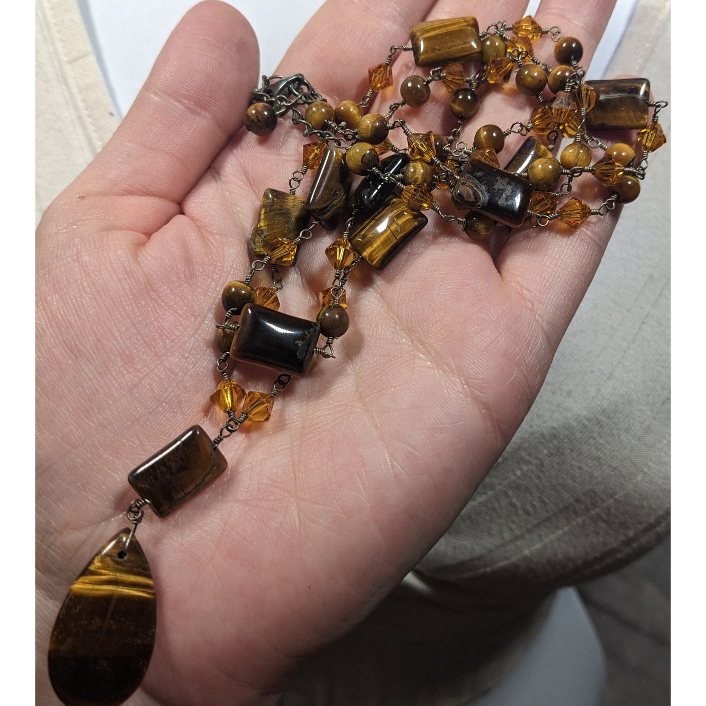 Tiger Eye And Glass Beaded Multilayer Pendant Necklace
