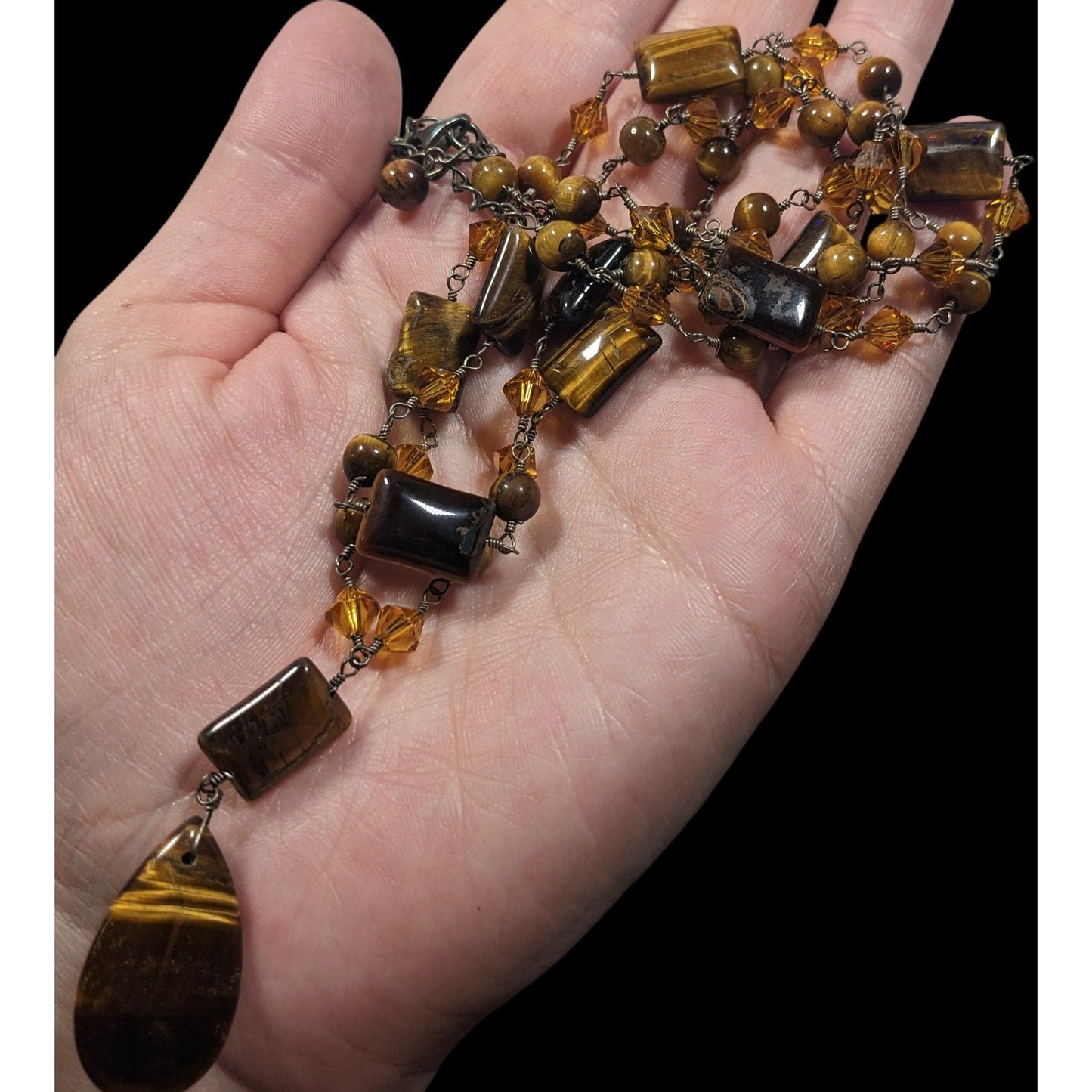 Tiger Eye And Glass Beaded Multilayer Pendant Necklace