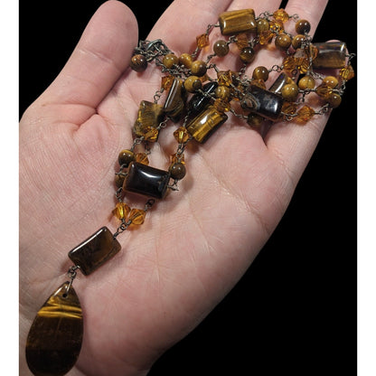 Tiger Eye And Glass Beaded Multilayer Pendant Necklace