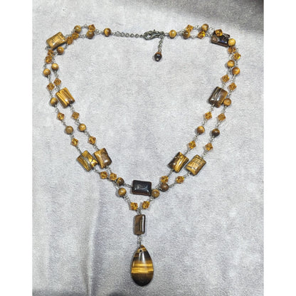 Tiger Eye And Glass Beaded Multilayer Pendant Necklace