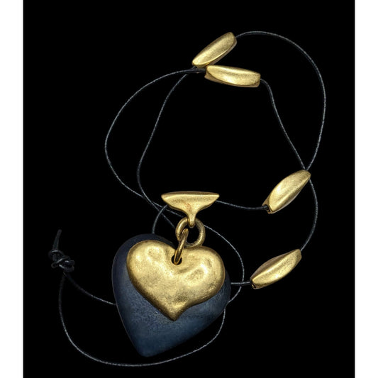 Vintage Brutalist Black And Gold Tone Layered Heart Pendant Necklace