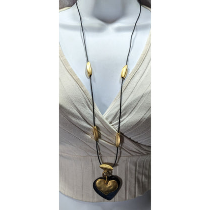 Vintage Brutalist Black And Gold Tone Layered Heart Pendant Necklace
