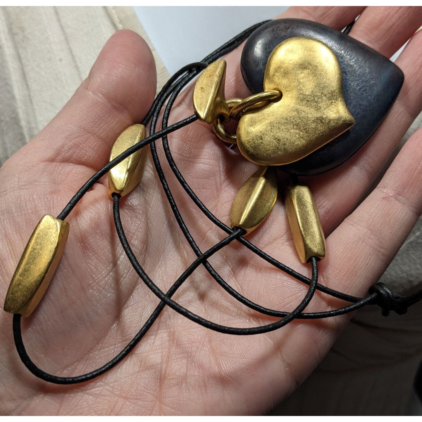 Vintage Brutalist Black And Gold Tone Layered Heart Pendant Necklace