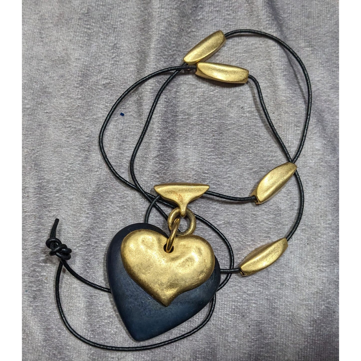 Vintage Brutalist Black And Gold Tone Layered Heart Pendant Necklace