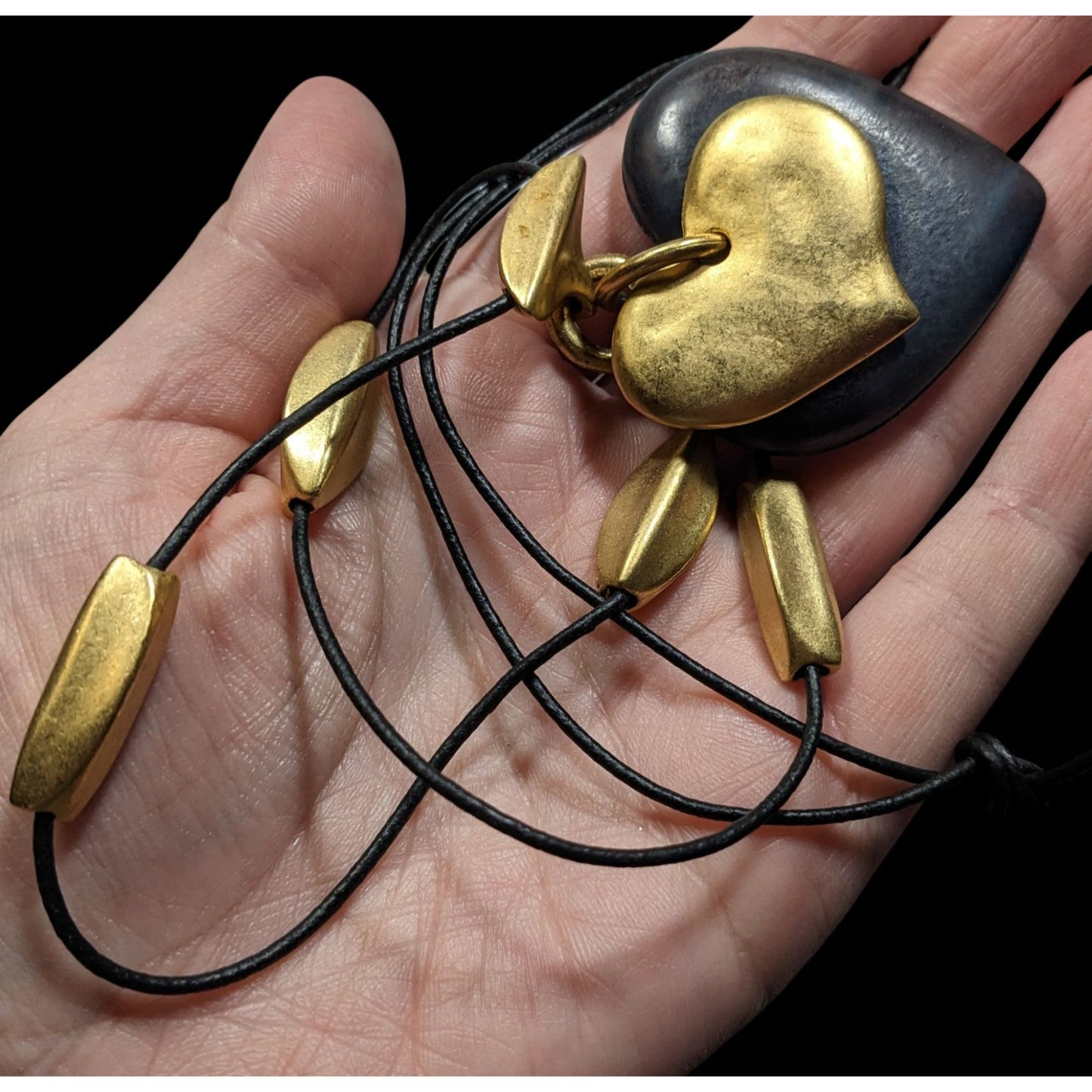 Vintage Brutalist Black And Gold Tone Layered Heart Pendant Necklace