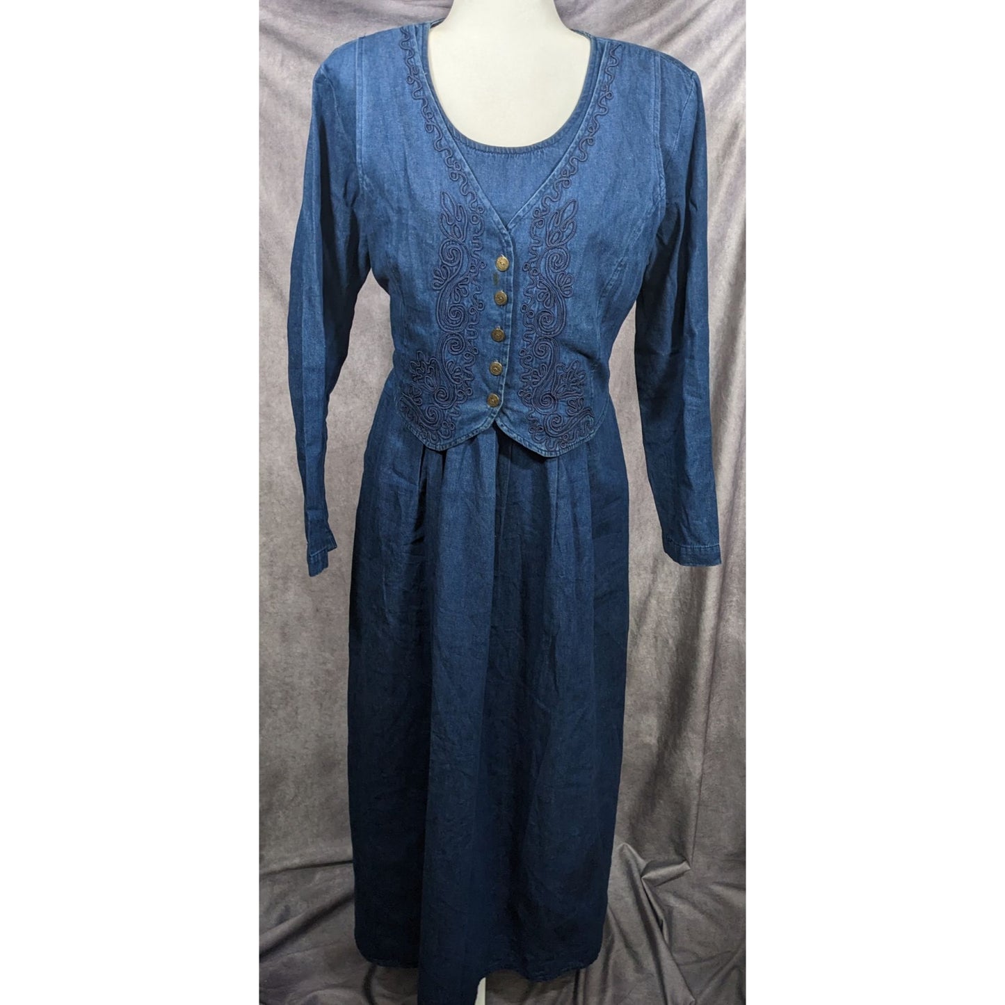 Vintage 90s Carol Anderson Denim Maxi Dress With Attached Vest