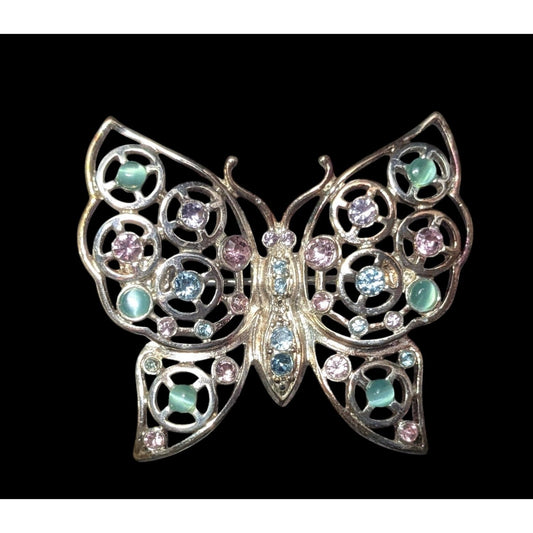 Vintage Fairycore Butterfly Silver Tone Pastel Rhinestone Brooch