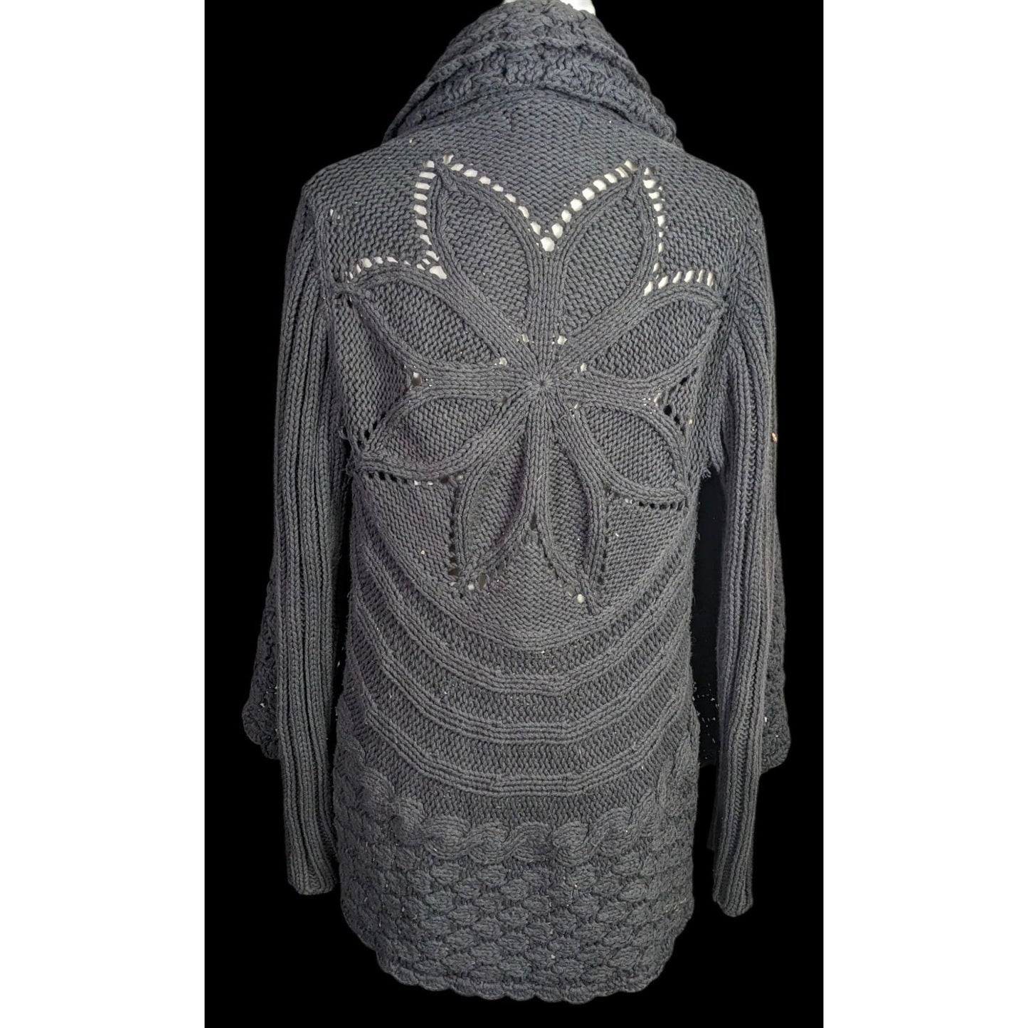 Gothic Floral Willi Smith Black Open-Knit Cardigan Sweater