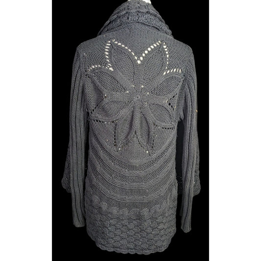 Gothic Floral Willi Smith Black Open-Knit Cardigan Sweater