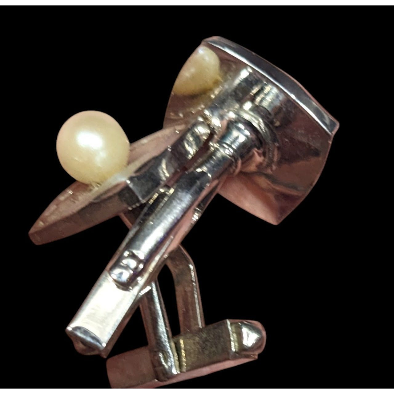 Vintage Engraved Square Silver Tone Cufflinks With Faux Pearl Accents
