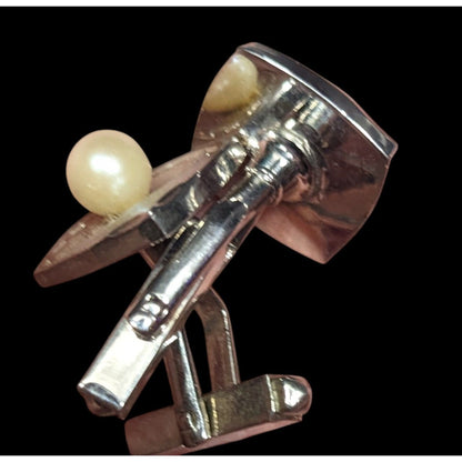 Vintage Engraved Square Silver Tone Cufflinks With Faux Pearl Accents