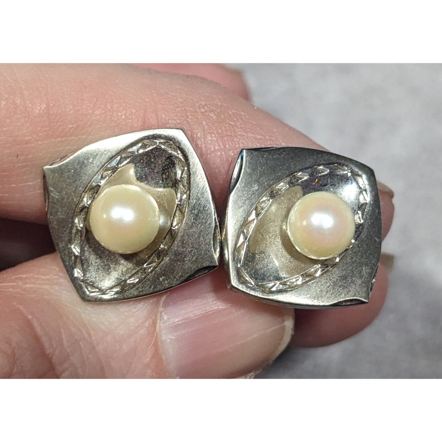 Vintage Engraved Square Silver Tone Cufflinks With Faux Pearl Accents