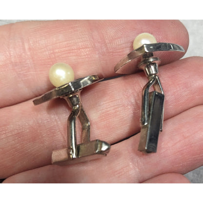 Vintage Engraved Square Silver Tone Cufflinks With Faux Pearl Accents