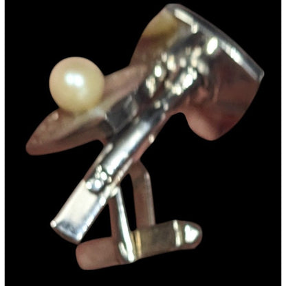 Vintage Engraved Square Silver Tone Cufflinks With Faux Pearl Accents