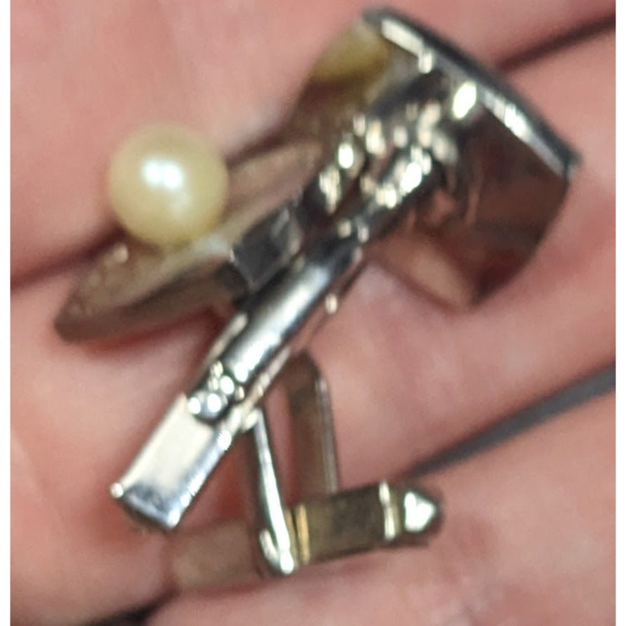 Vintage Engraved Square Silver Tone Cufflinks With Faux Pearl Accents