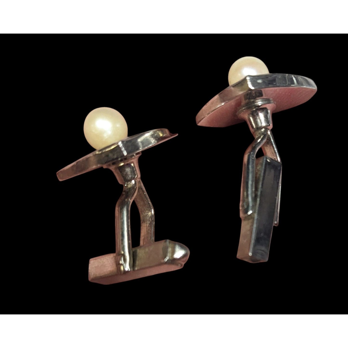Vintage Engraved Square Silver Tone Cufflinks With Faux Pearl Accents