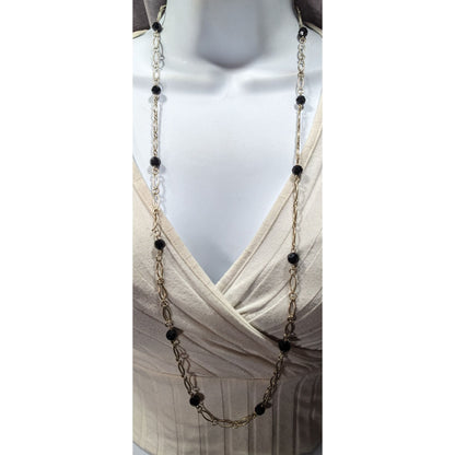 Unique Oval Chain Link Necklace With Black Glass Stations