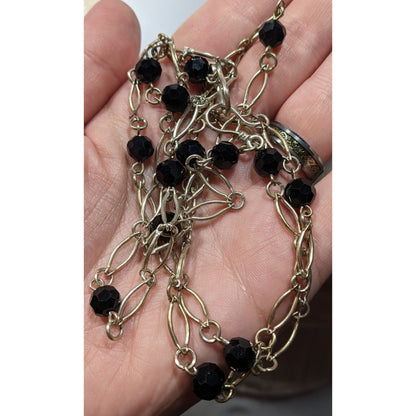 Unique Oval Chain Link Necklace With Black Glass Stations