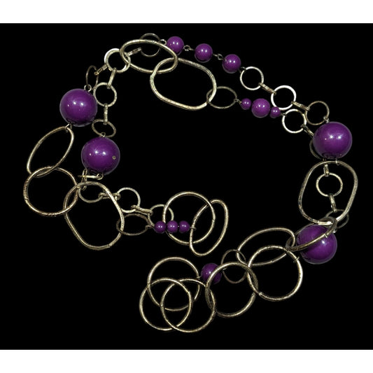 Chunky Silver Tone Chain Necklace With Purple Beads