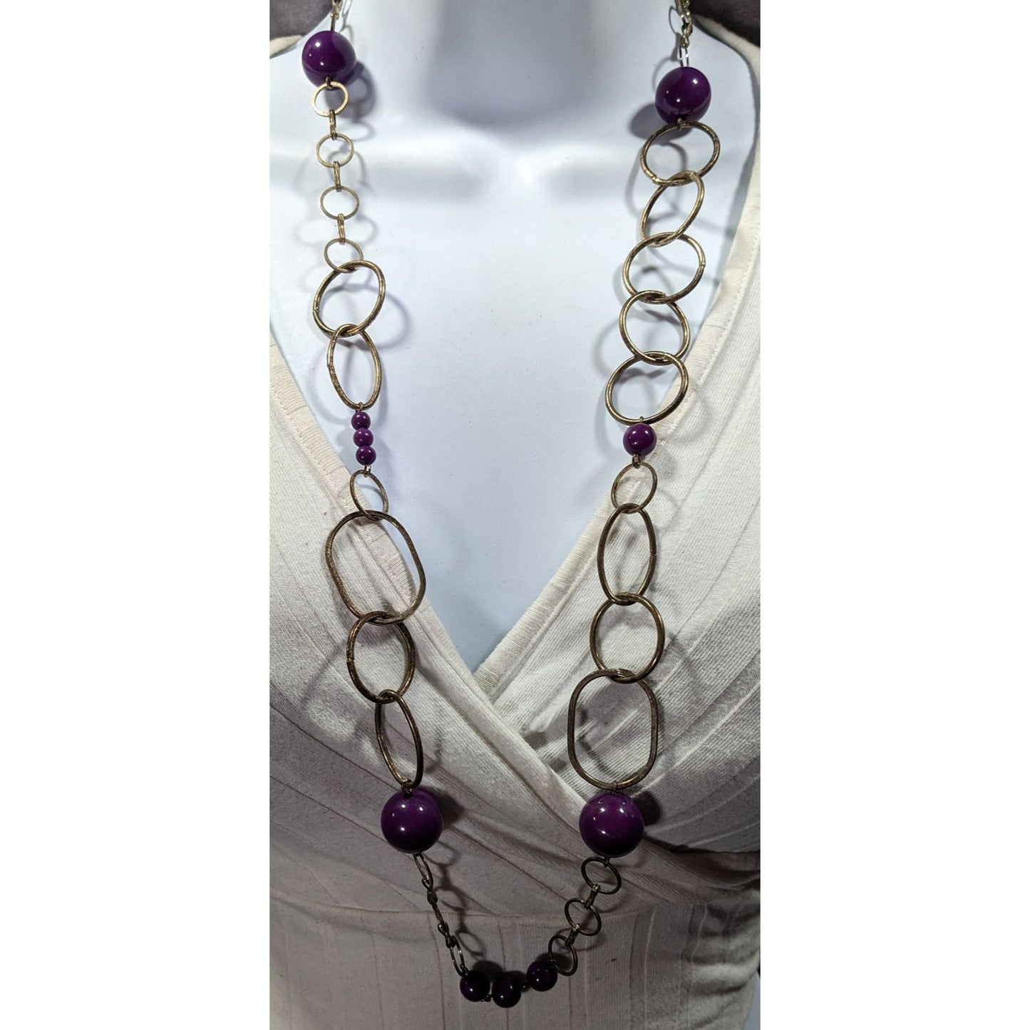 Chunky Silver Tone Chain Necklace With Purple Beads