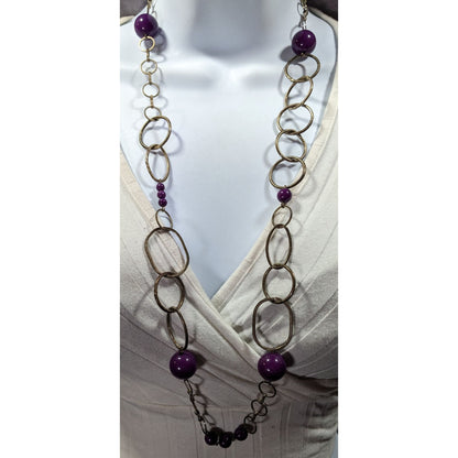 Chunky Silver Tone Chain Necklace With Purple Beads
