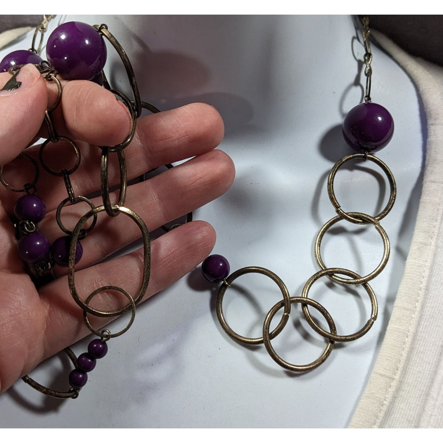 Chunky Silver Tone Chain Necklace With Purple Beads