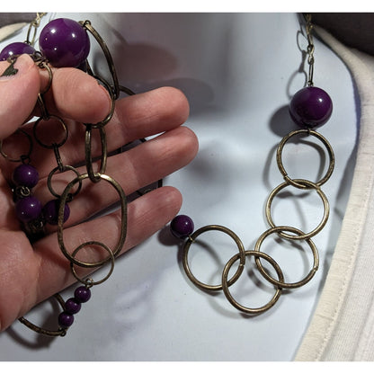 Chunky Silver Tone Chain Necklace With Purple Beads