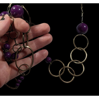 Chunky Silver Tone Chain Necklace With Purple Beads