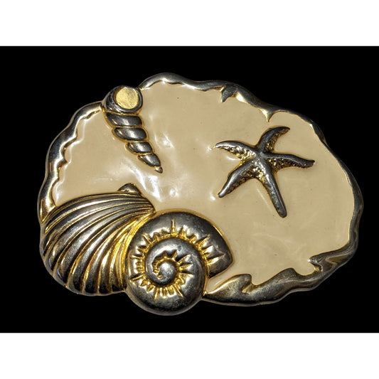 Vintage Mermaidcore Seashell Cream And Gold Tone Belt Buckle