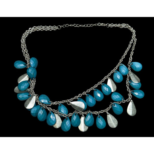 Layered Silver-Tone Chain Necklace With Turquoise Teardrop Beads & Glittery Silver Accents