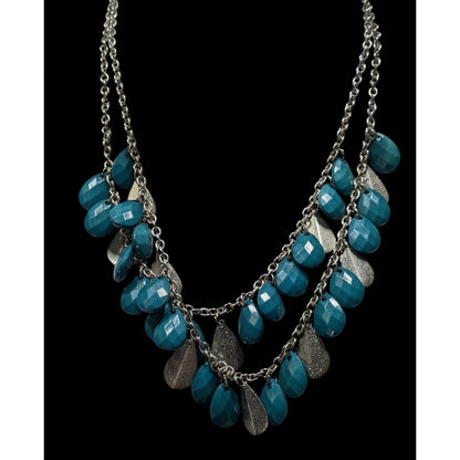 Layered Silver-Tone Chain Necklace With Turquoise Teardrop Beads & Glittery Silver Accents