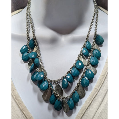 Layered Silver-Tone Chain Necklace With Turquoise Teardrop Beads & Glittery Silver Accents