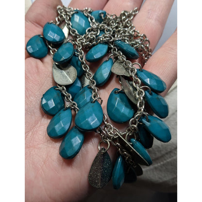 Layered Silver-Tone Chain Necklace With Turquoise Teardrop Beads & Glittery Silver Accents
