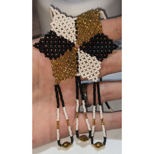 Vintage Handmade Black White Gold Beaded Star Necklace Fringe Statement Boho Festival