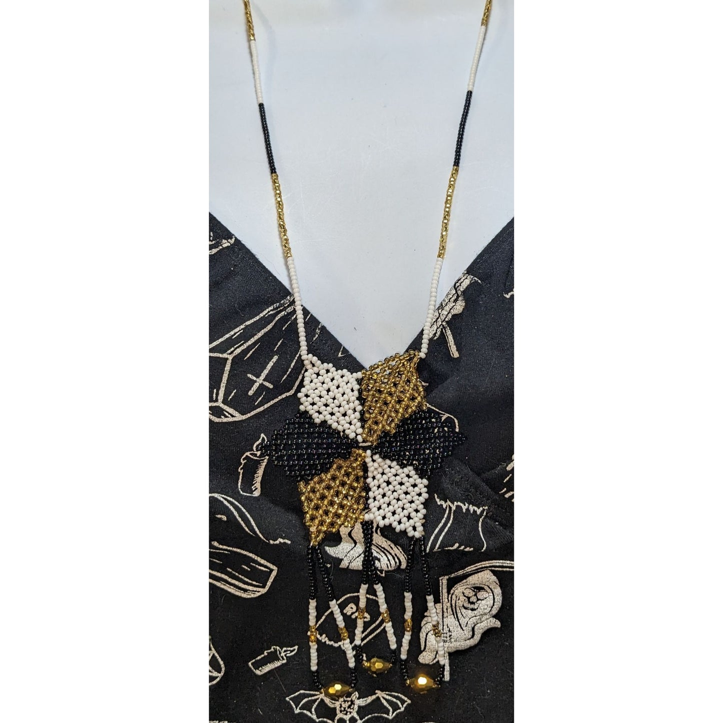 Vintage Handmade Black White Gold Beaded Star Necklace Fringe Statement Boho Festival