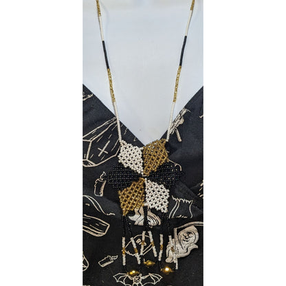 Vintage Handmade Black White Gold Beaded Star Necklace Fringe Statement Boho Festival