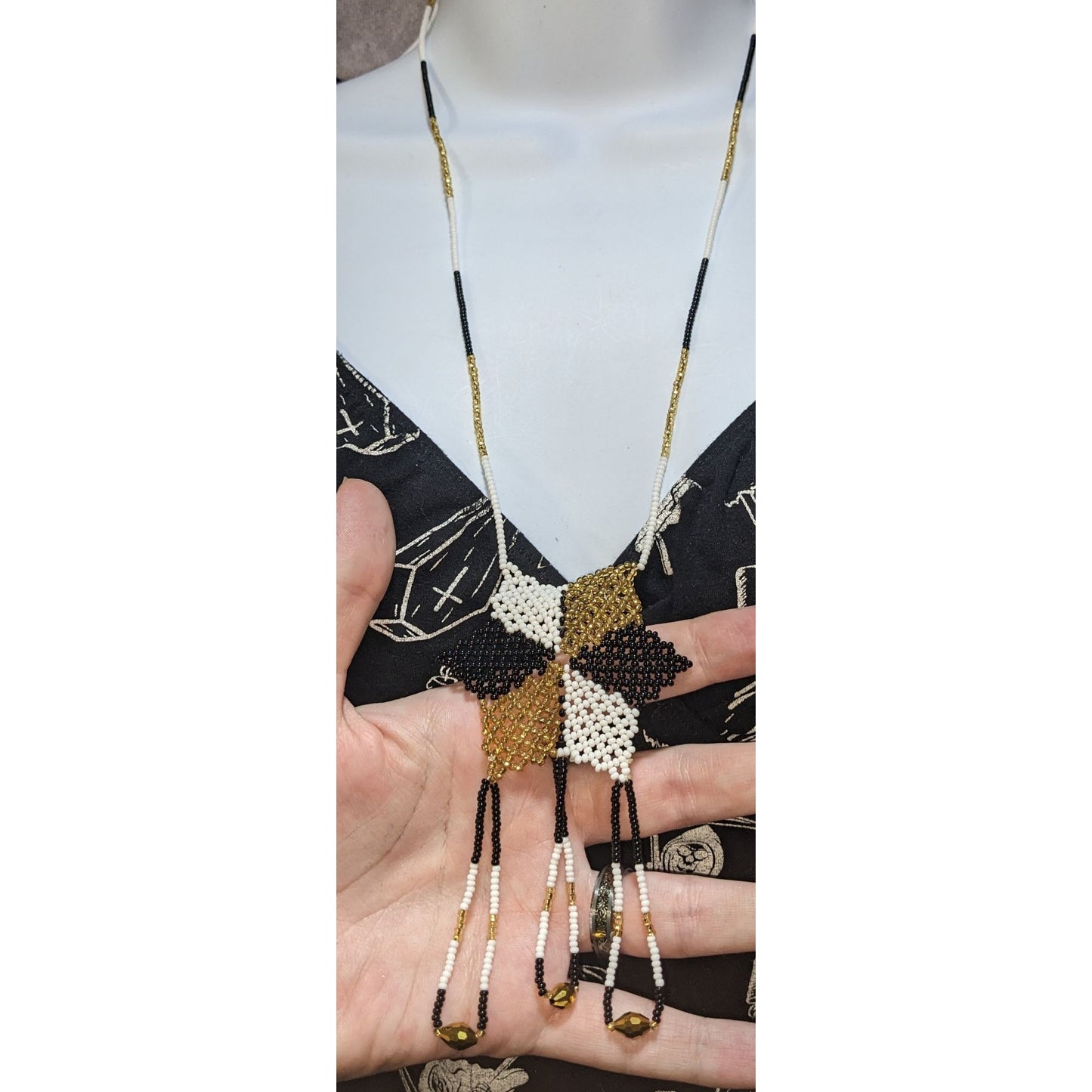 Vintage Handmade Black White Gold Beaded Star Necklace Fringe Statement Boho Festival