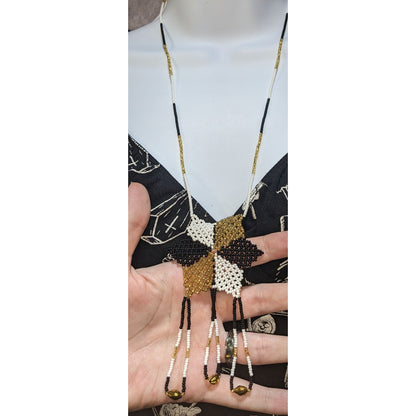 Vintage Handmade Black White Gold Beaded Star Necklace Fringe Statement Boho Festival