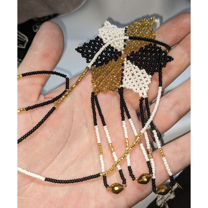Vintage Handmade Black White Gold Beaded Star Necklace Fringe Statement Boho Festival