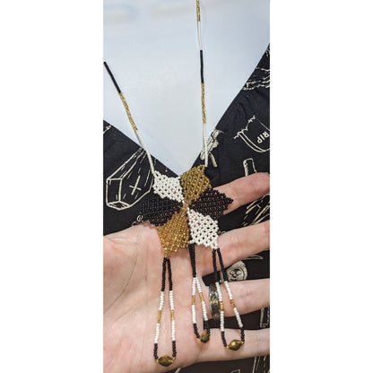 Vintage Handmade Black White Gold Beaded Star Necklace Fringe Statement Boho Festival