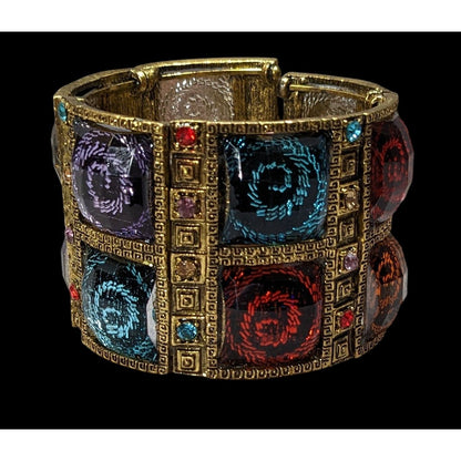 Fantasy Glam Rainbow Swirl Gemmed Gold Tone Cuff Bracelet