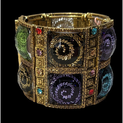 Fantasy Glam Rainbow Swirl Gemmed Gold Tone Cuff Bracelet