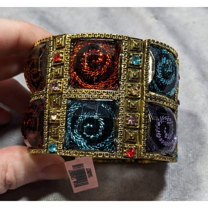 Fantasy Glam Rainbow Swirl Gemmed Gold Tone Cuff Bracelet