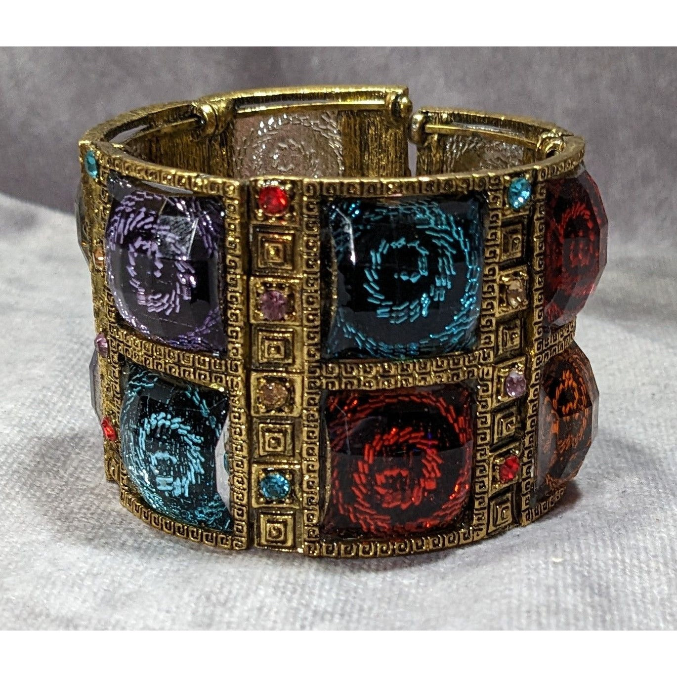 Fantasy Glam Rainbow Swirl Gemmed Gold Tone Cuff Bracelet