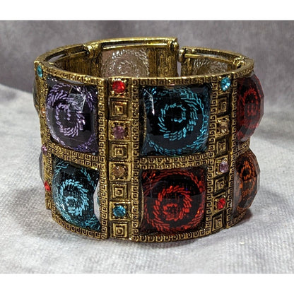 Fantasy Glam Rainbow Swirl Gemmed Gold Tone Cuff Bracelet