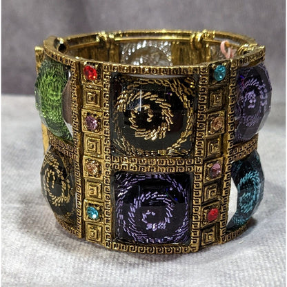 Fantasy Glam Rainbow Swirl Gemmed Gold Tone Cuff Bracelet